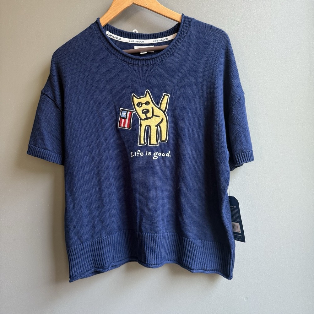 Life Is Good Sweater Happy Dog Graphic Short Sleeve Knit Polo‎ Womens Medium New
